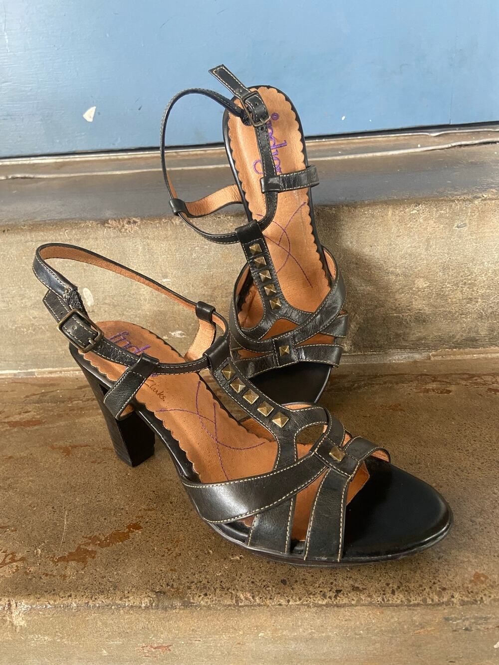 Indigo by Clarks navy blue heeled t strap sandal with stud detail